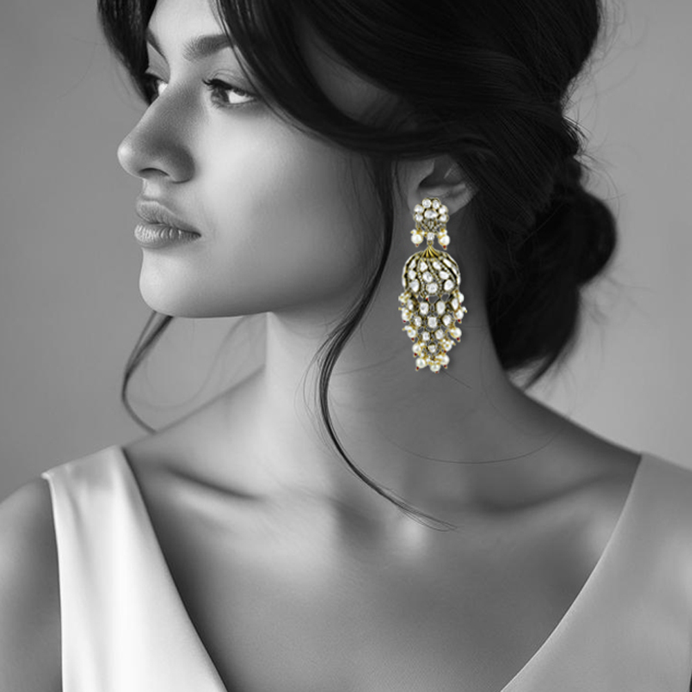 Jhumka Polki Earrings with Pearl Beads and Antique Charm